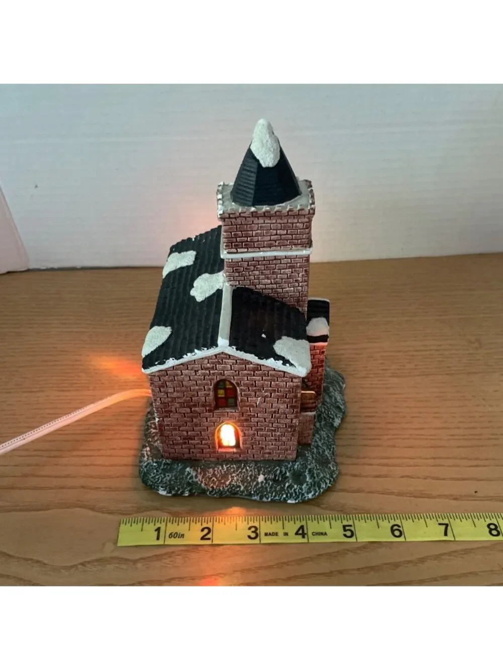 Vintage Christmas Village Church w Faux Stained Glass Windows Lighted House